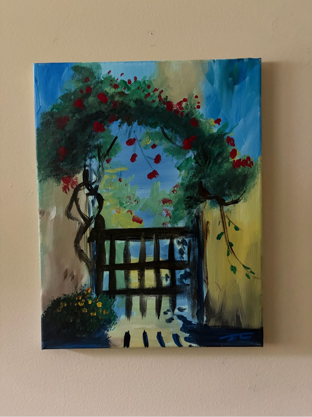 Hand-Painted Garden Gate  Canvas Painting in Vivid Colors 11x14’